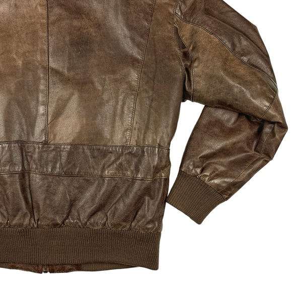 Paris Sport Club Sz Medium Brown Leather Bomber Jacket Front Pockets Fully Lined - Picture 12 of 16